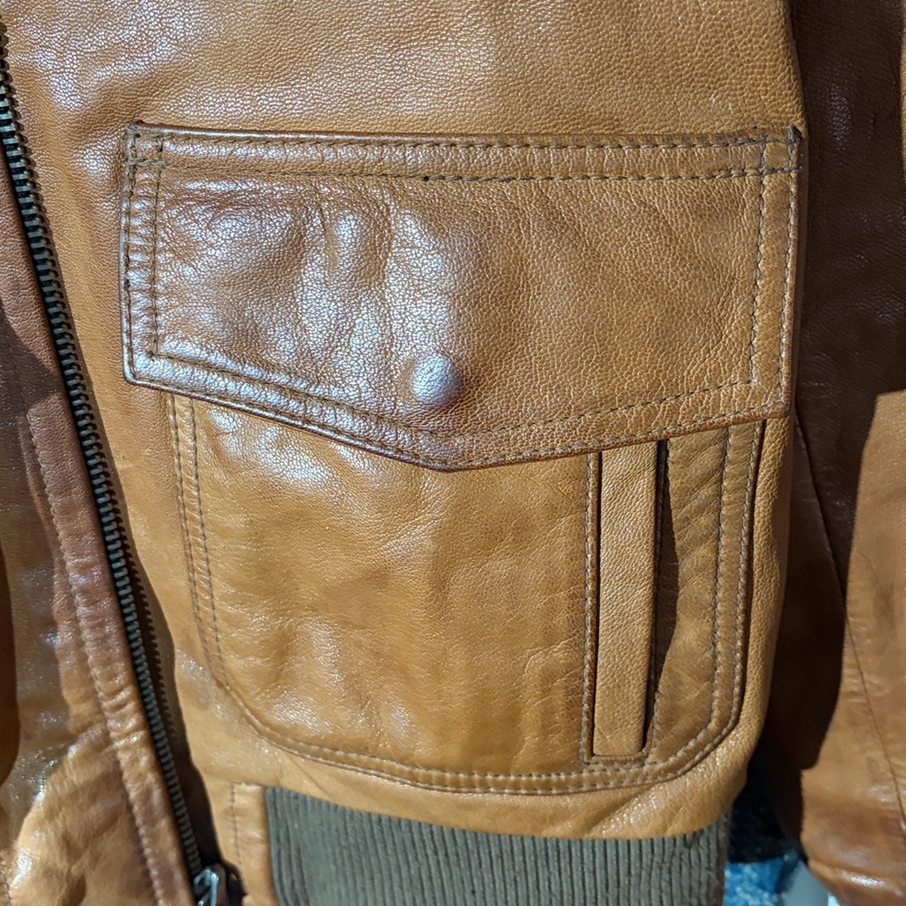 Wilson Tan Leather Bomber Jacket with Patches - Picture 9 of 13